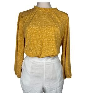 Adrianna Papell Mustard Smocked Blouse Size Large Long Sleeve Ruffle Neck